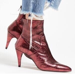 Free People Willa Metallic Burgundy Red Crackle Leather Ankle Boot Sz 9